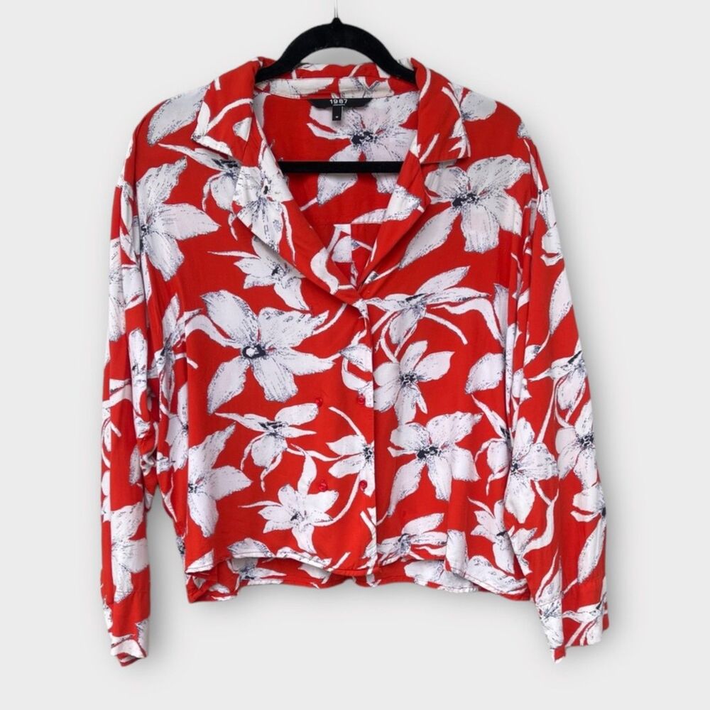 Vero Moda 1987 Red White Floral Button-Up Blouse Size M Vintage Style Shirt